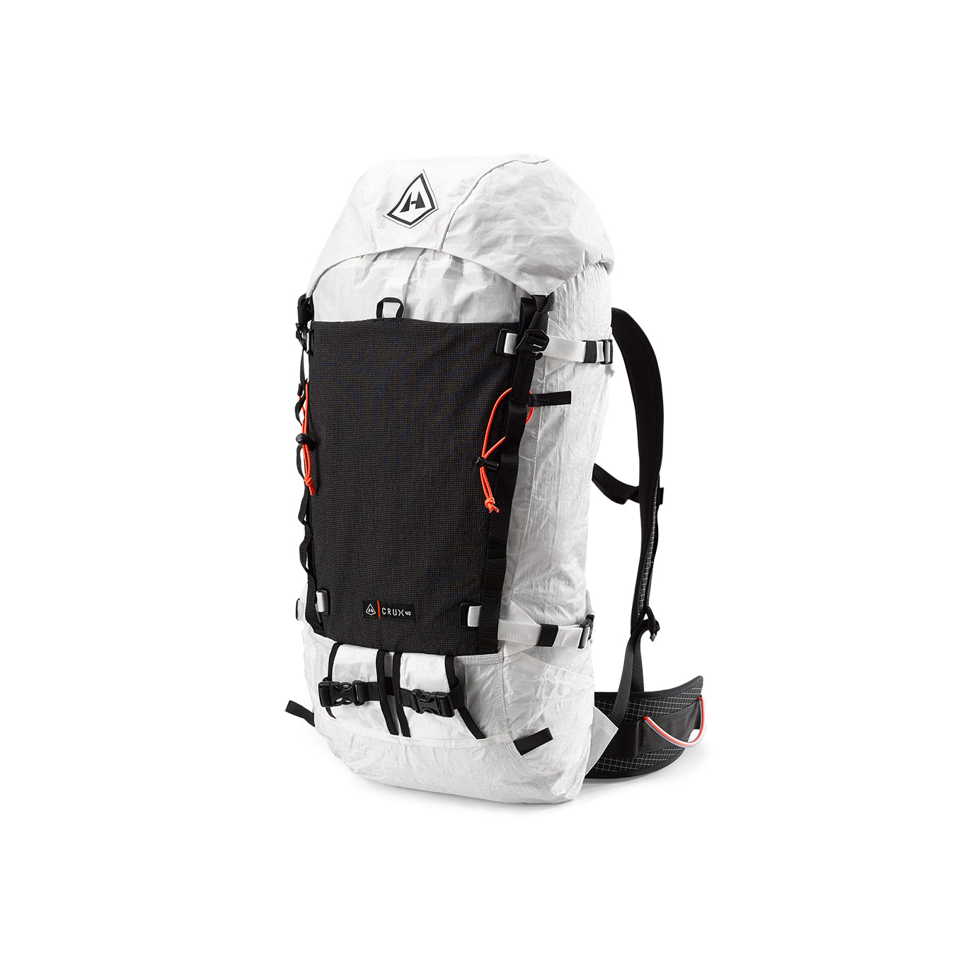 Front view of the Hyperlite Mountain Gear Crux 40 with Dyneema® Stretch Mesh UL front pocket