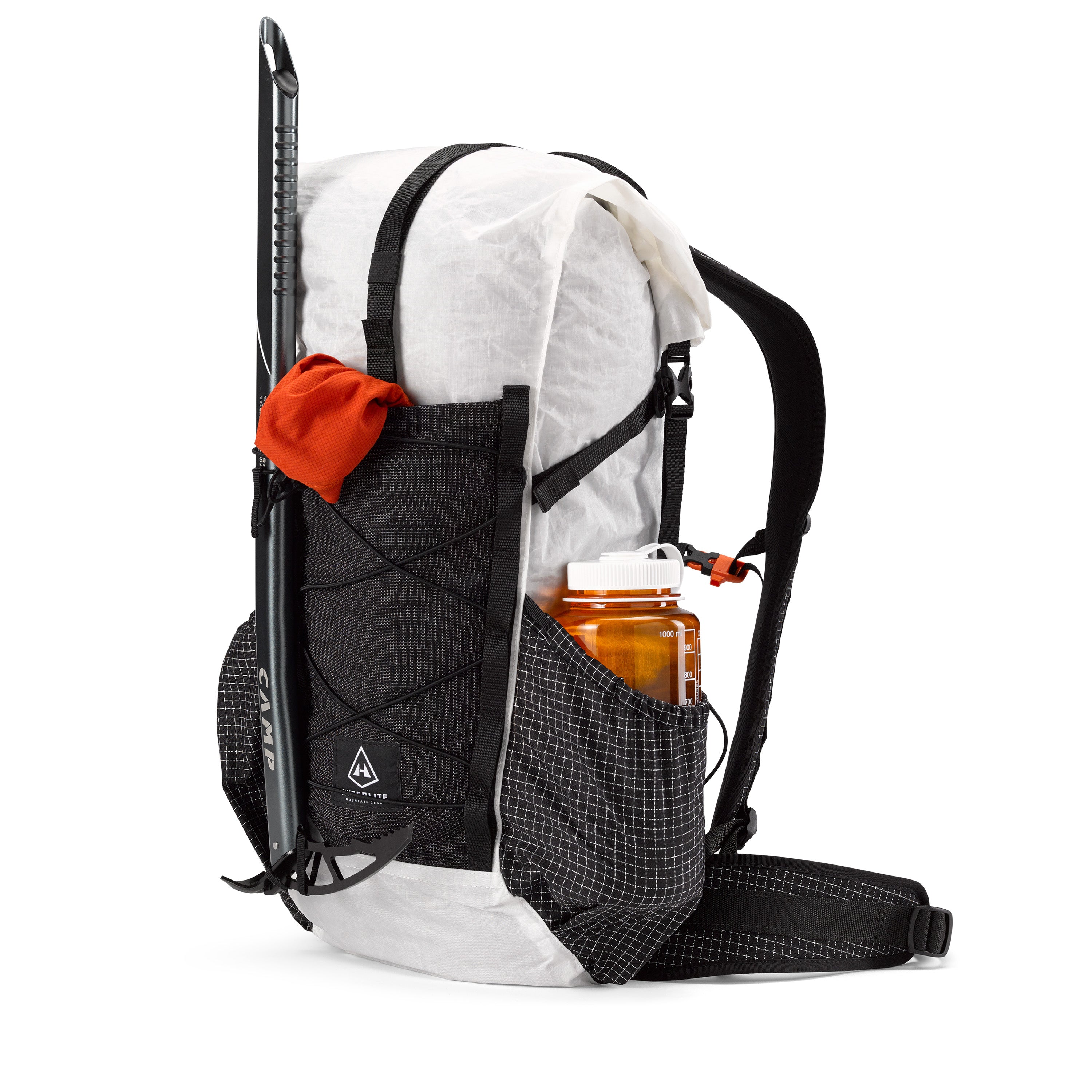 Front view of the Hyperlite Mountain Gear Elevate 22 with an ice tool and water bottle attached