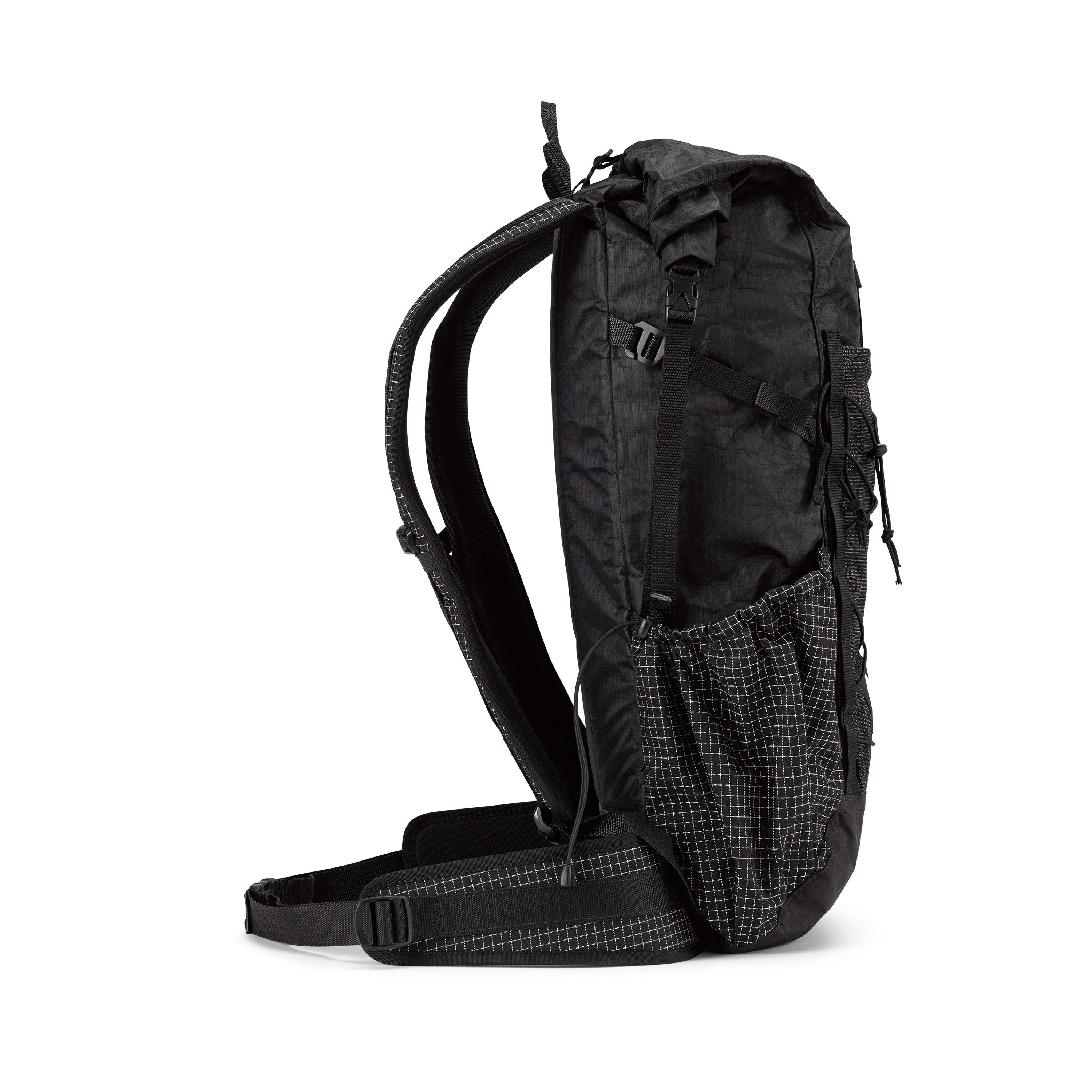 Side view of the Hyperlite Mountain Gear Elevate 22 in Black showing the cinchable hardline side pockets