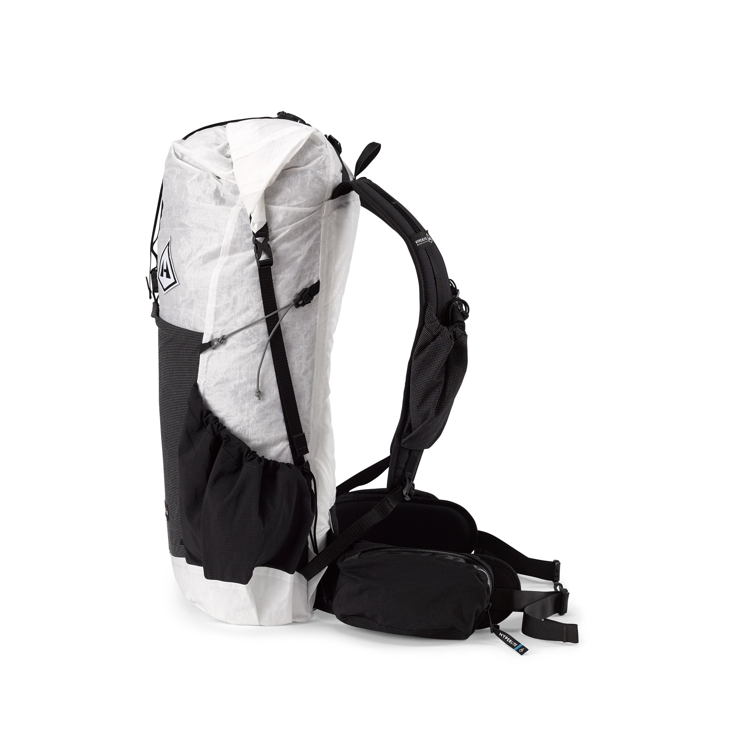 Side view of the Hyperlite Mountain Gear Waypoint 35 showing the 100D Dyneema® Gridstop side pockets