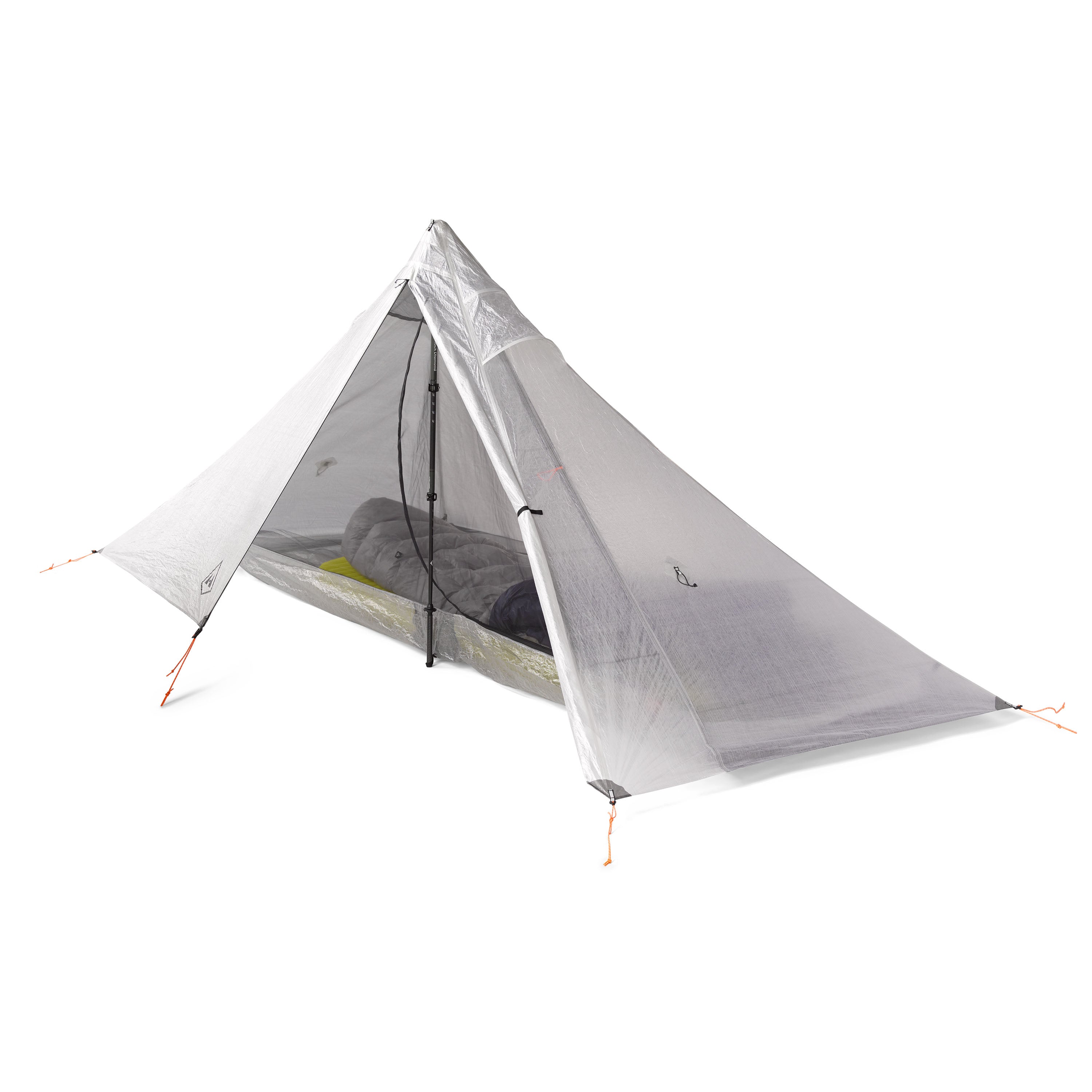 Front view of the Hyperlite Mountain Gear Mid 1 Tent made from Dyneema® Composite Fabrics with a sleeping bag inside of it #color_white