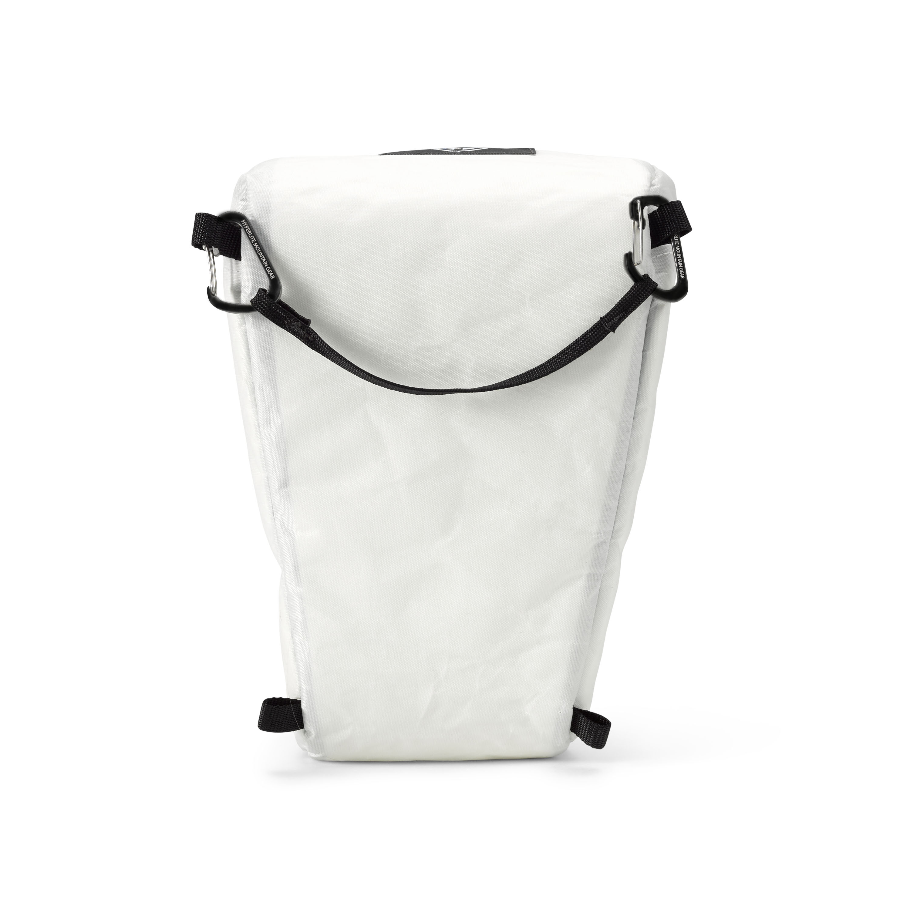 Rear view of the Hyperlite Mountain Gear Camera Pod in White with 2 Flat Micro D Carabiners attached