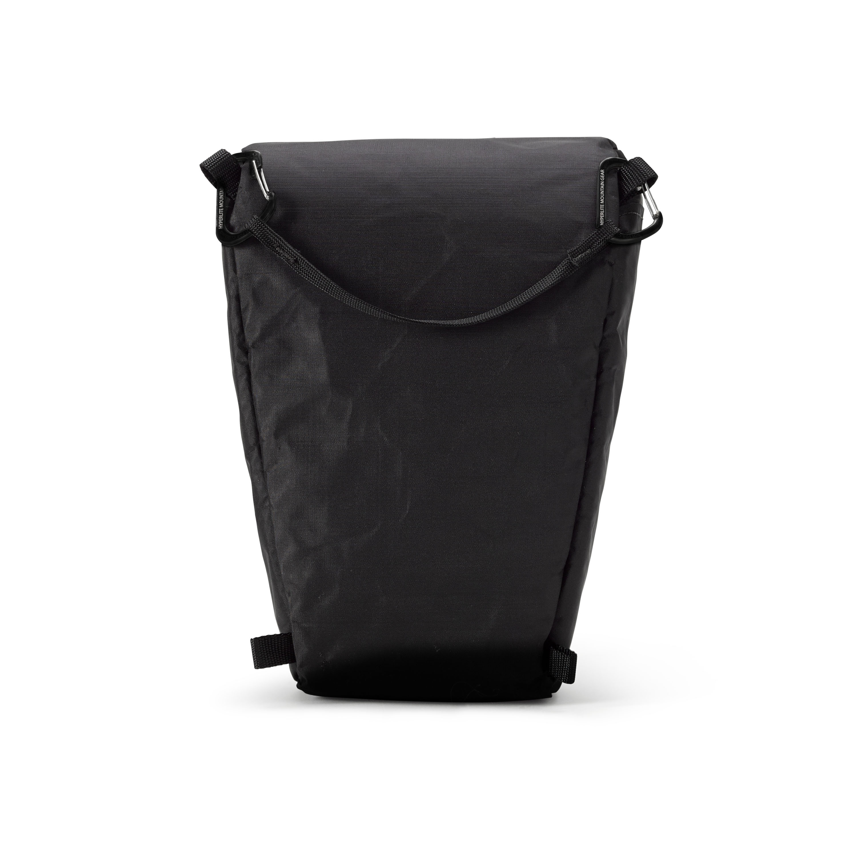 Rear view of the Hyperlite Mountain Gear in Black with 2 Flat Micro D Carabiners attached