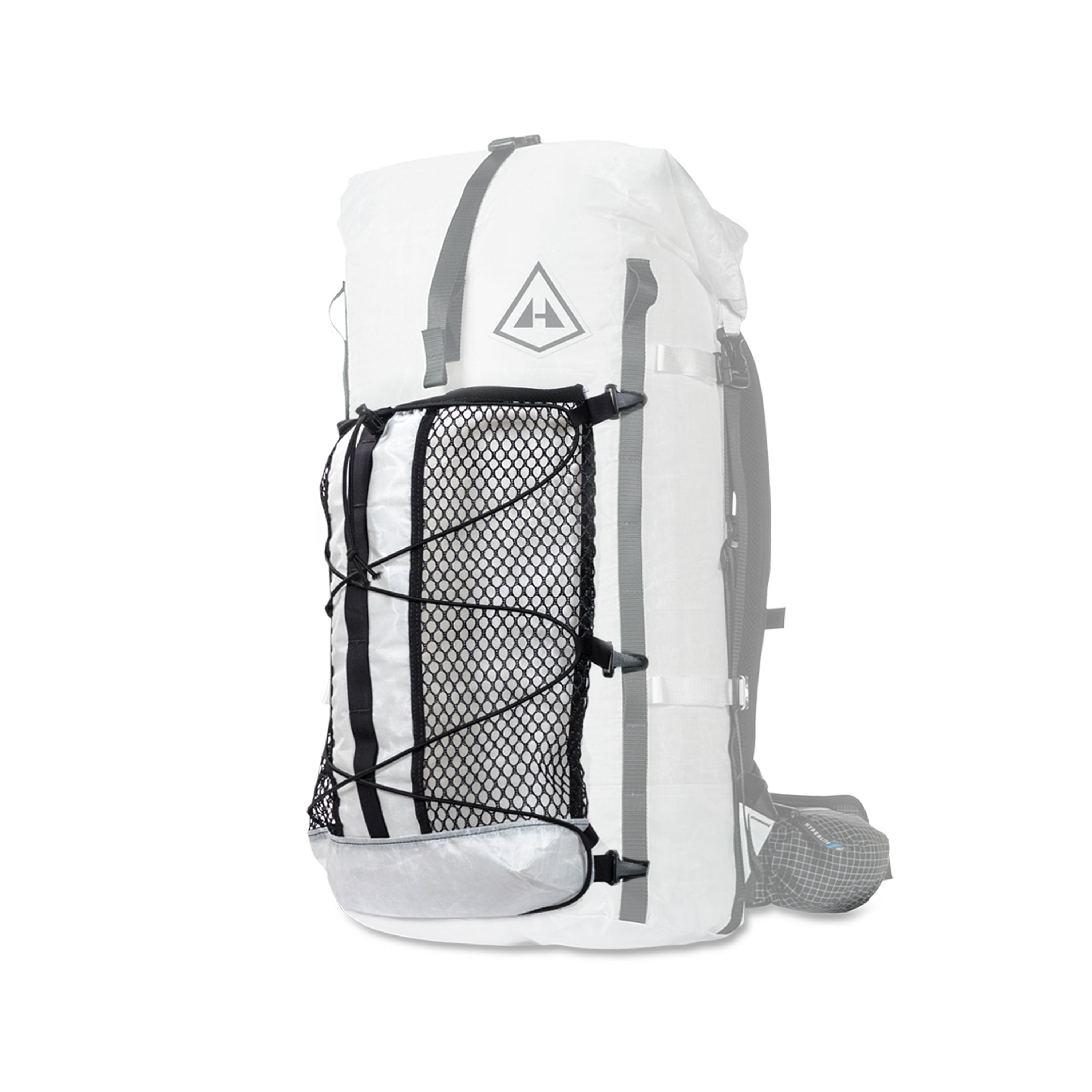 Front view of Hyperlite Mountain Gear's Porter Stuff Pocket in Black attached to a pack