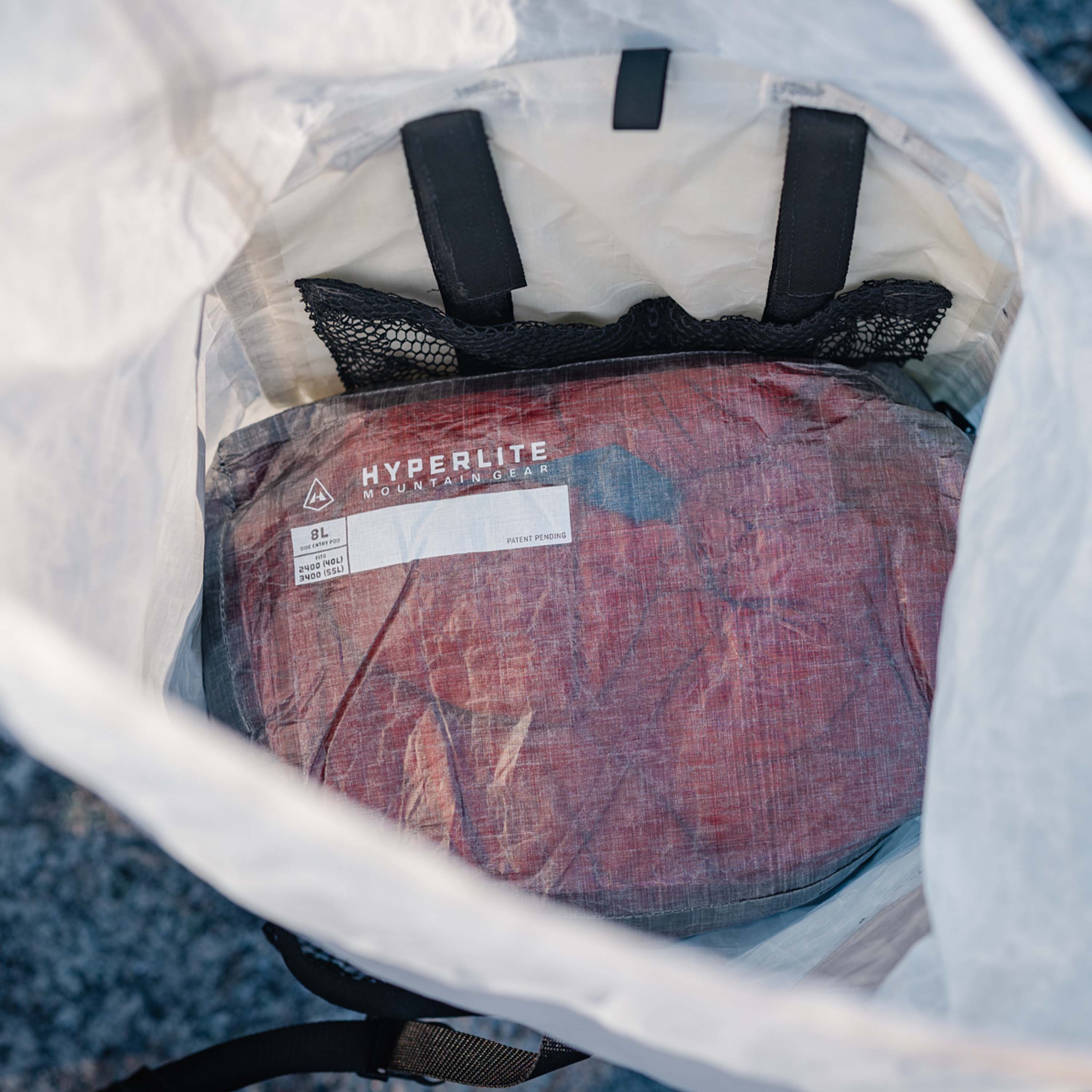 Over head shot of Hyperlite Mountain Gear's 8L Side Entry Pod in a pack