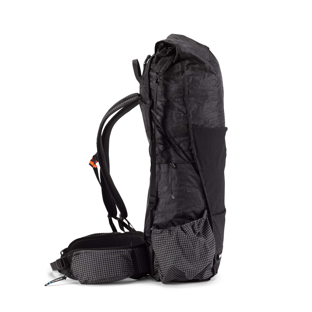 Side view of the Hyperlite Mountain Gear Unbound 55 in Black showcasing the oversized side pockets
