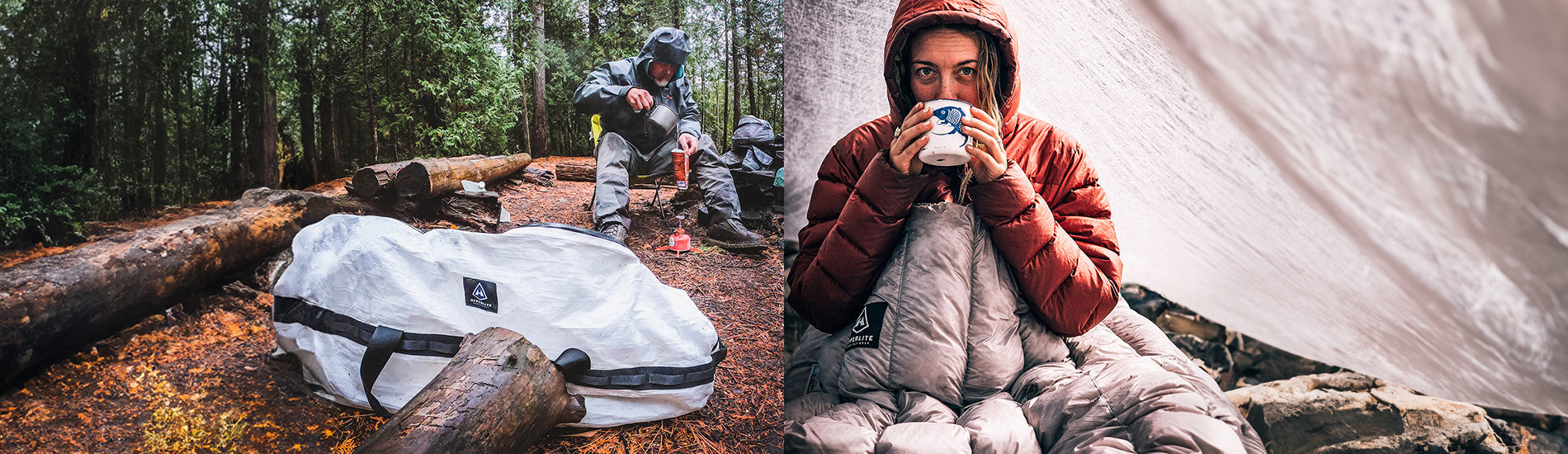 A cozy morning in the woods, enjoying a hot drink while camping with friends.