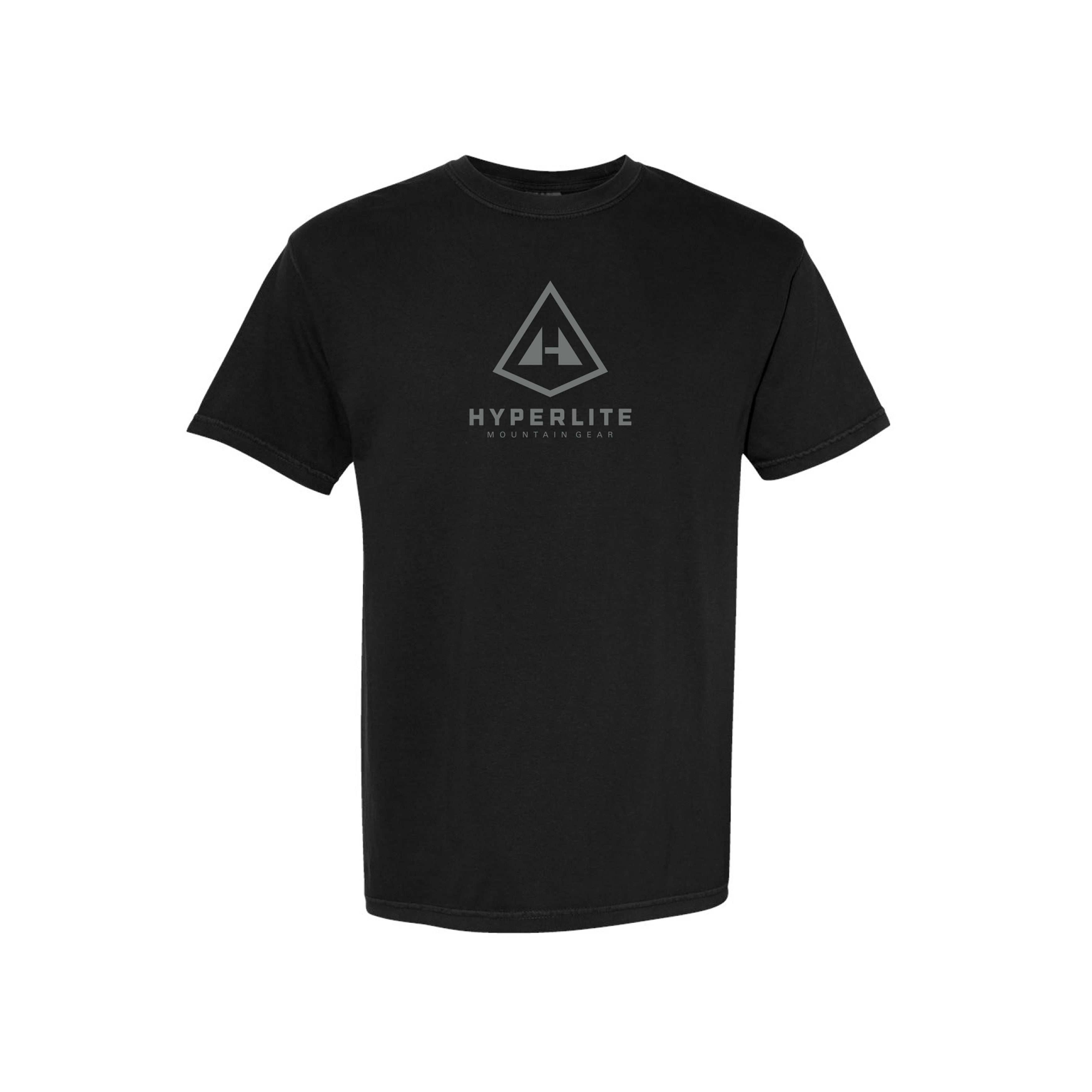 Black t-shirt with Hyperlite Mountain Gear logo on a white background