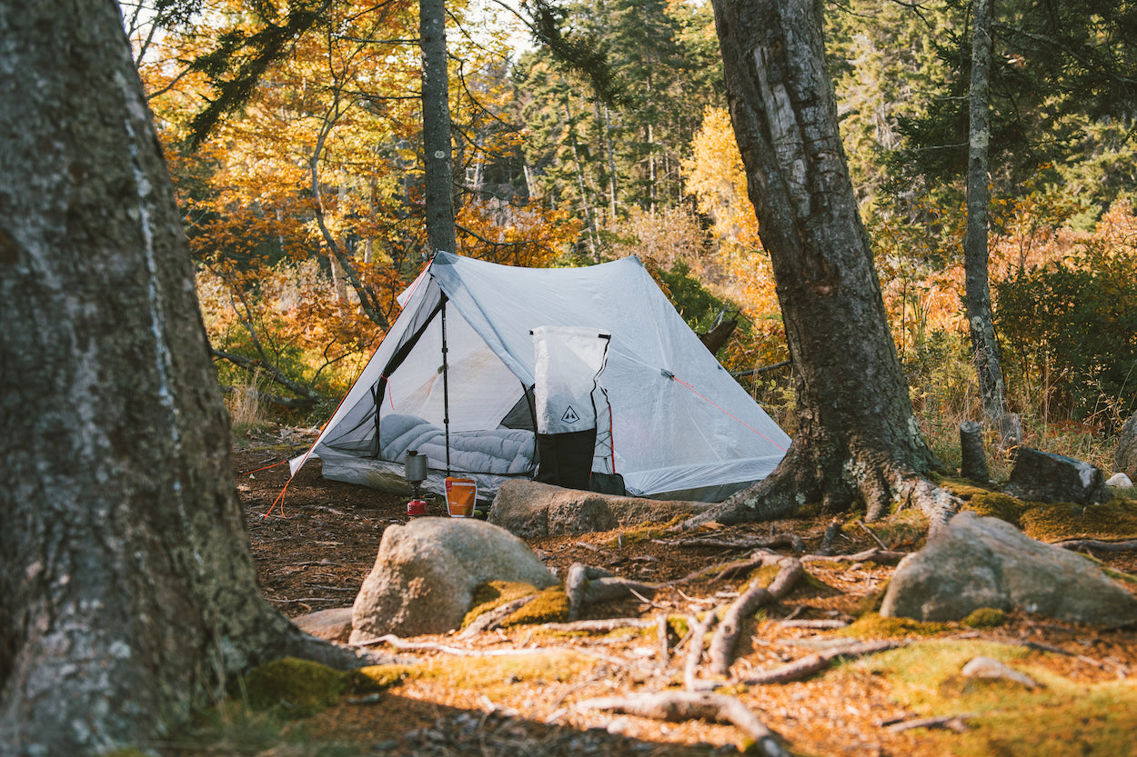 A tent in the woods with trees in the background.