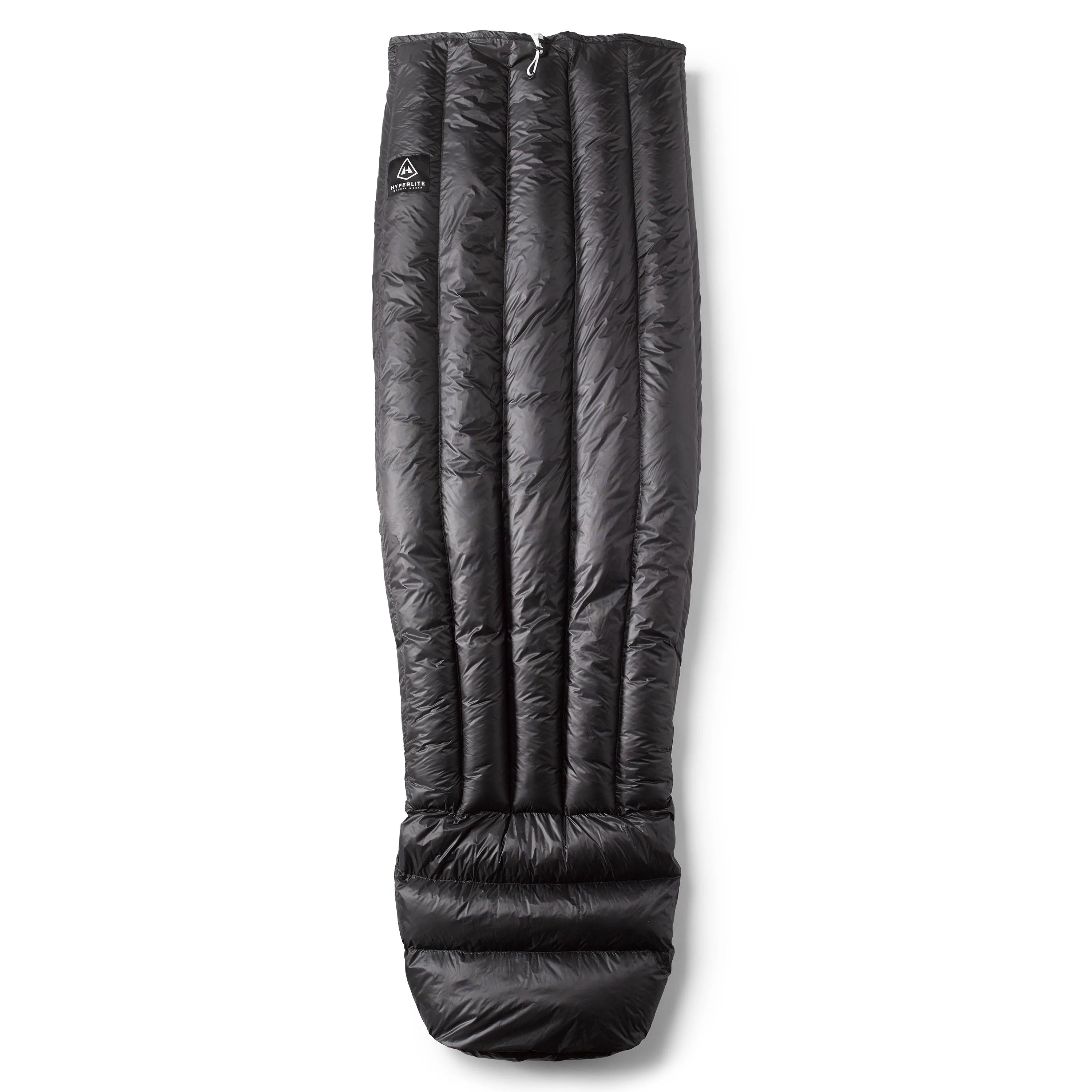 A black sleeping bag on a white background.