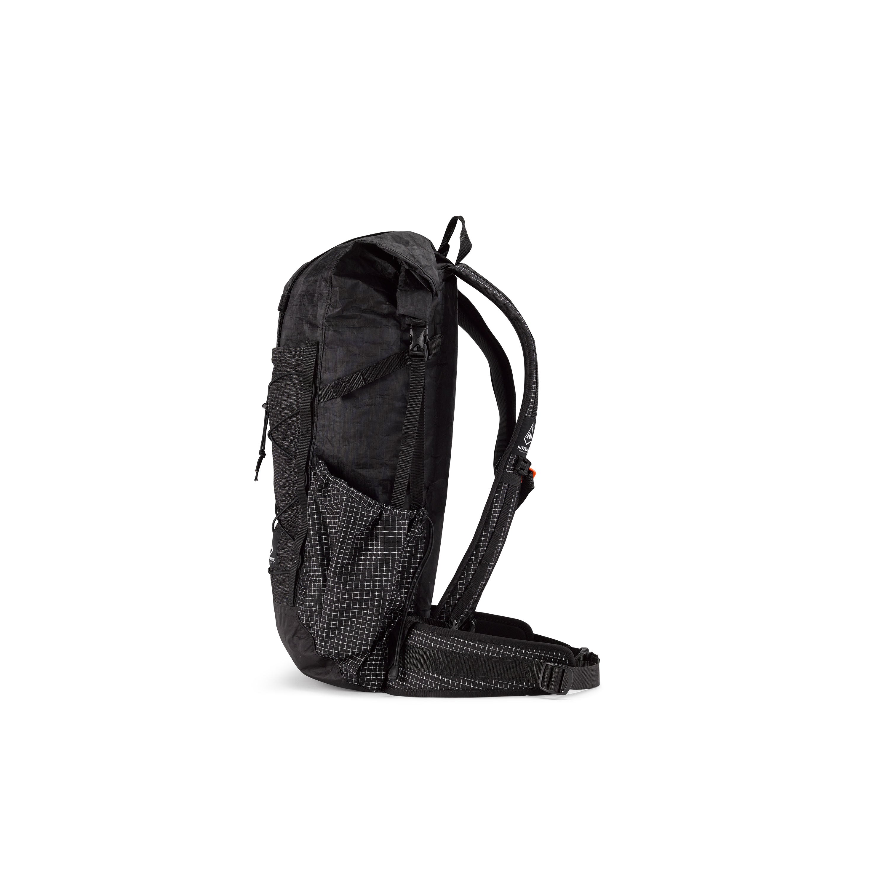 Side view of the Hyperlite Mountain Gear Elevate 22 in Black showing the cinchable hardline side pockets