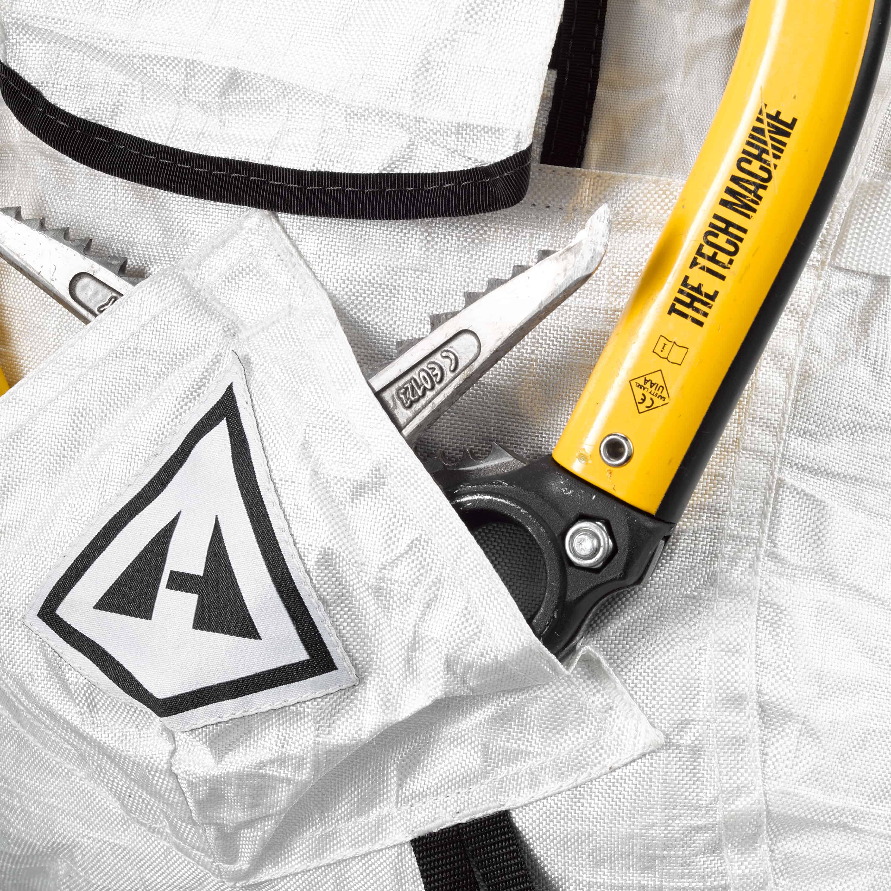 Detail shot of the external diamond pocket on Hyperlite Mountain Gear's Prism 40 Pack in White