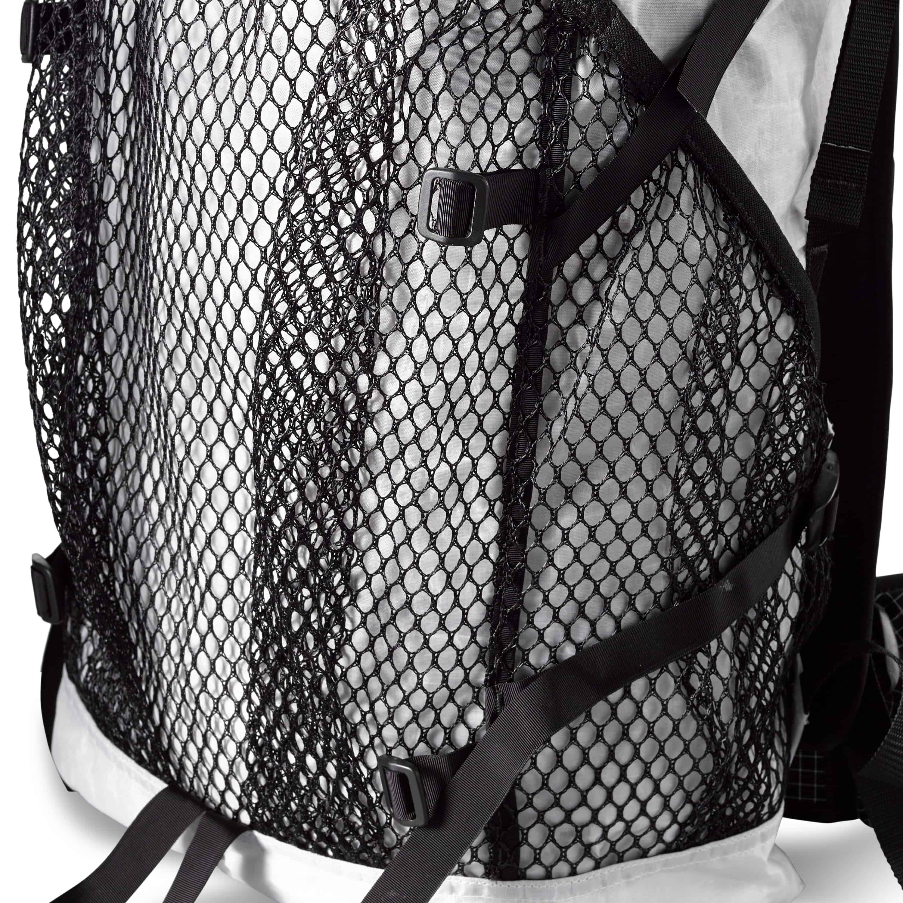 Detail shot of the exterior mesh on Hyperlite Mountain Gear's Windrider 40 Pack in White