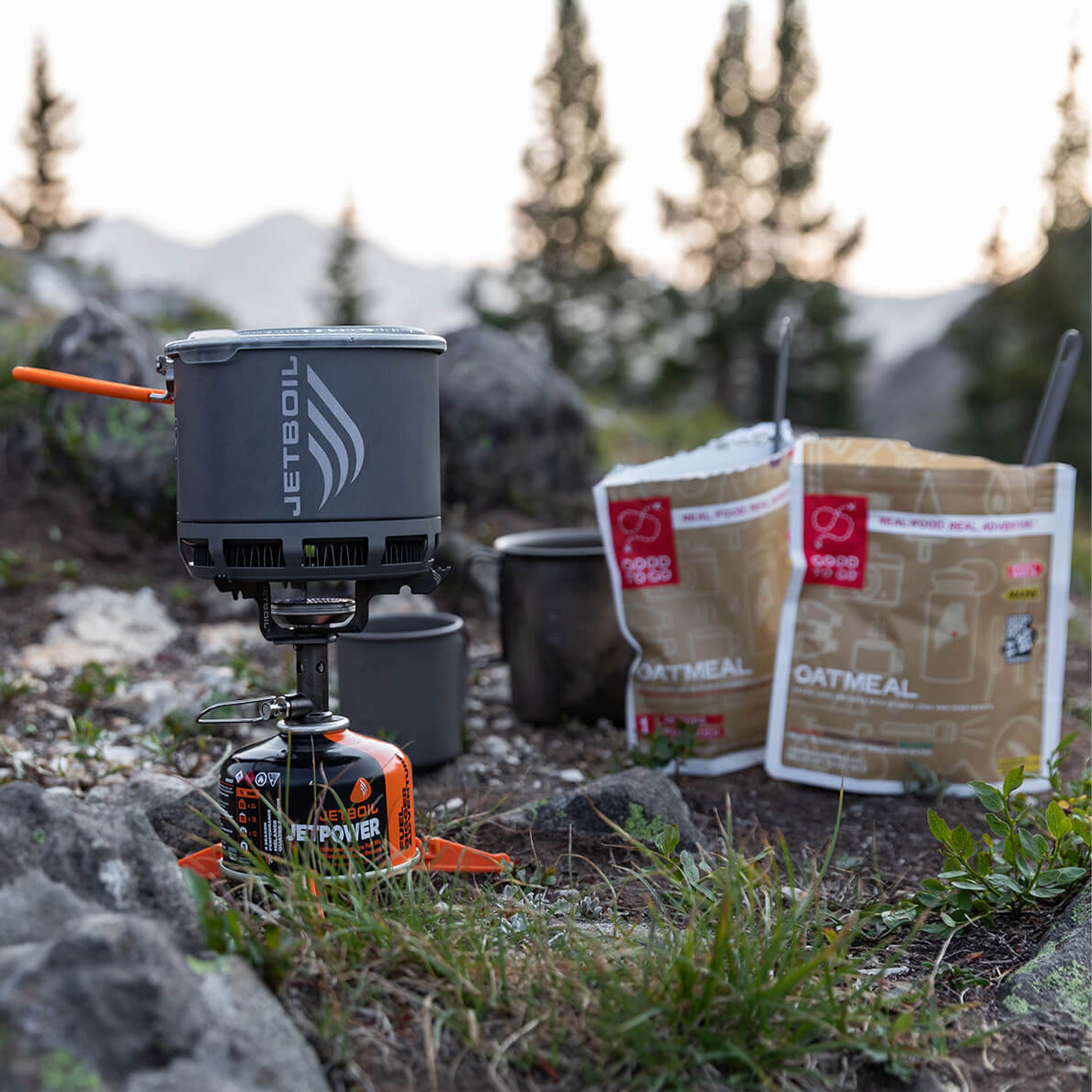 The Jetboil Stash in action on the burner with dehydrated meals ready to cook