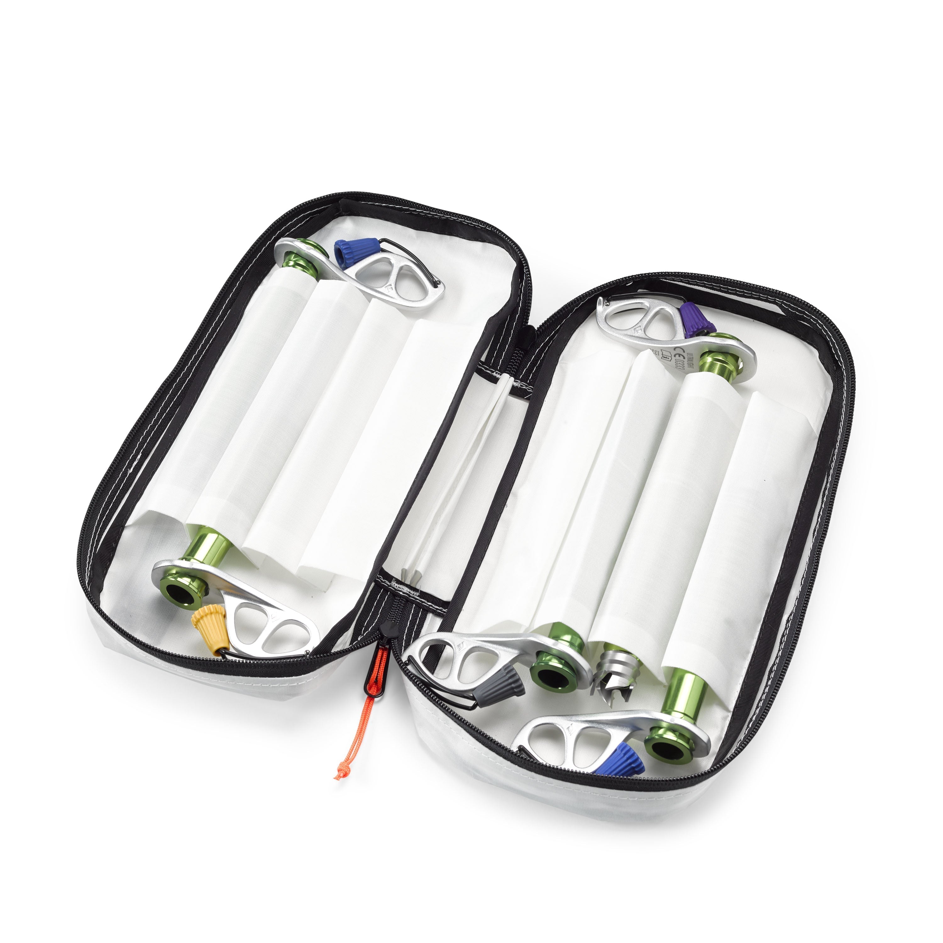 Interior view of Hyperlite Mountain Gear's Prism Ice Screw Case in White with ice screws inside