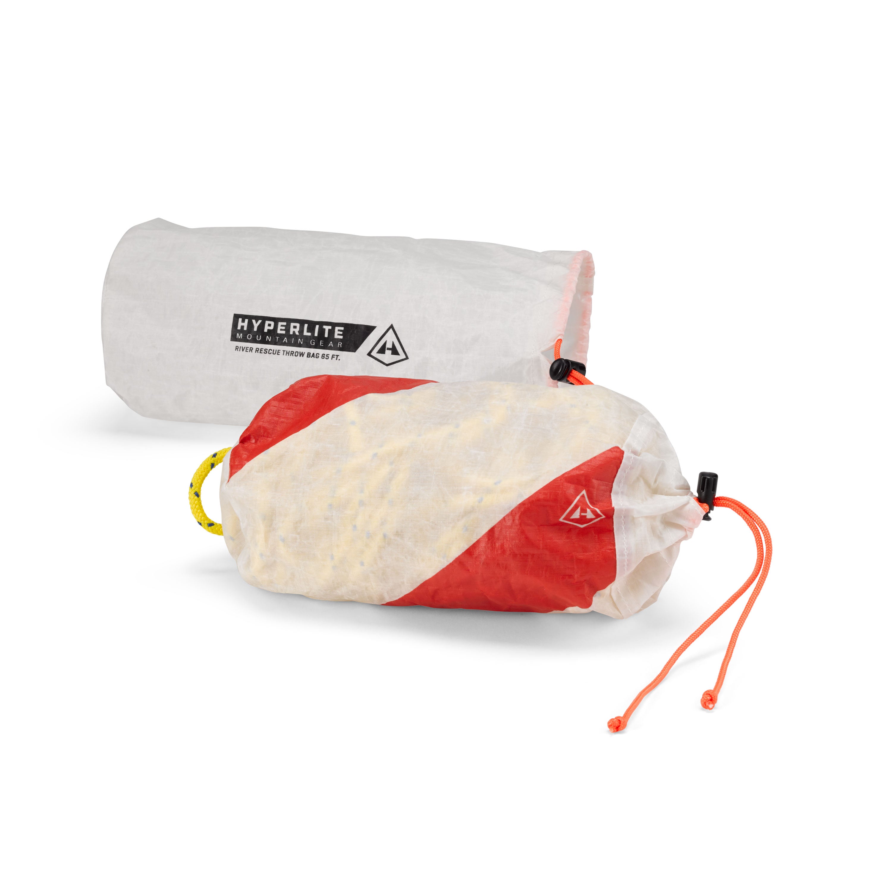 The Hyperlite Mountain Gear River Rescue Throw Bag removed from the external sleeve to show the High-Visibility inner bag with foam for flotation