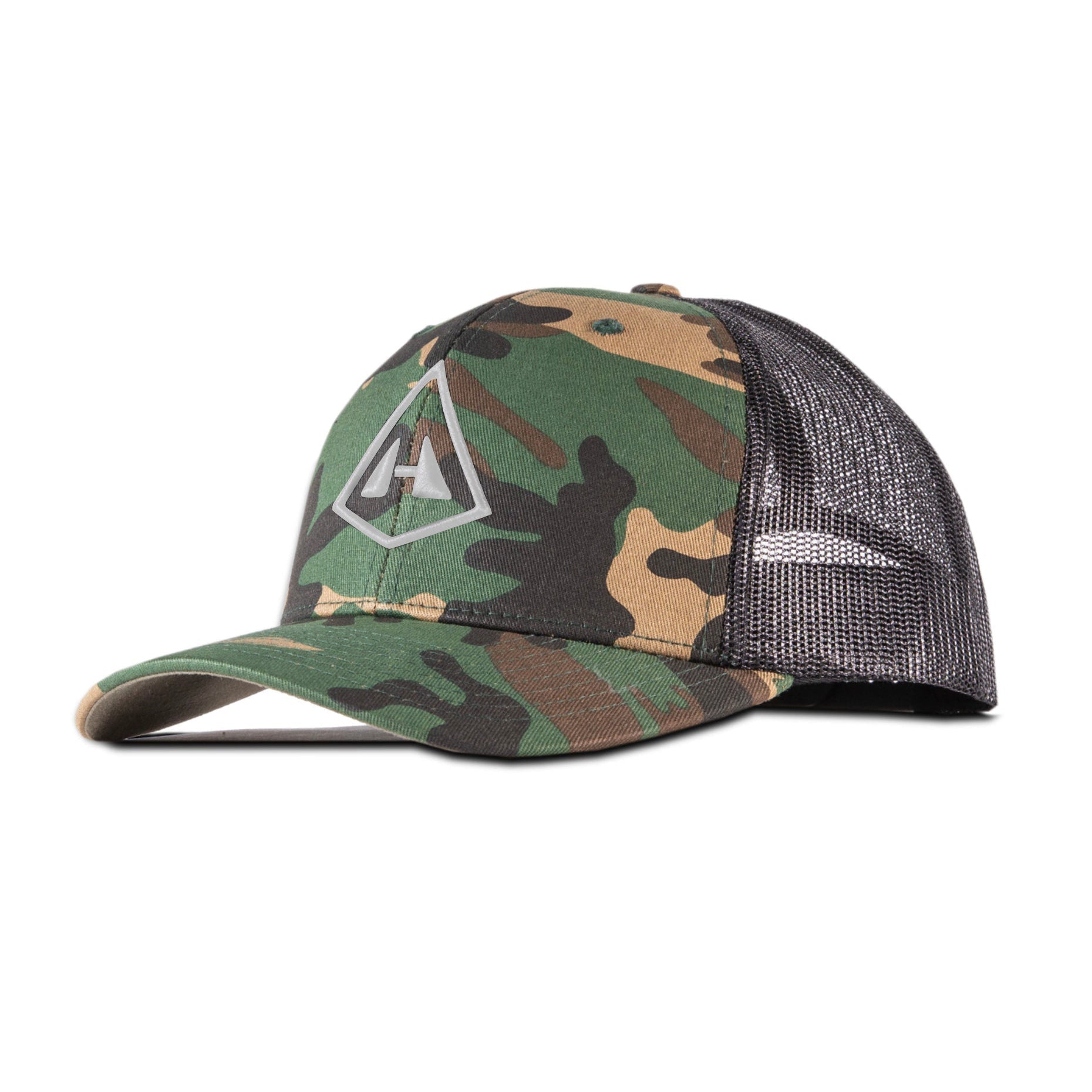 Left side view of Hyperlite Mountain Gear's Trucker Hat in Camoflauge and Black