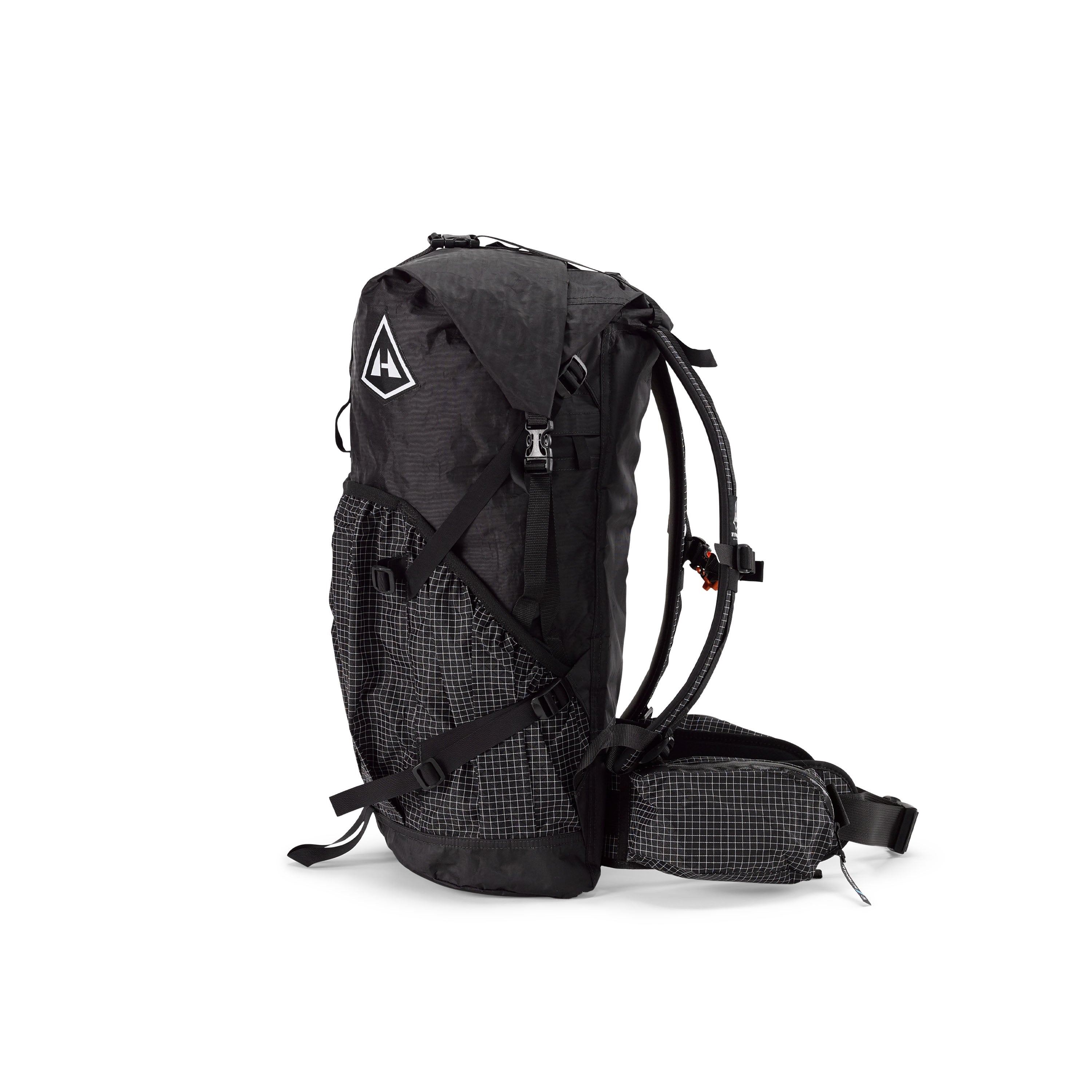 Left side view of Hyperlite Mountain Gear's Southwest 40 Pack in Black with a white brand logo #Color_Black