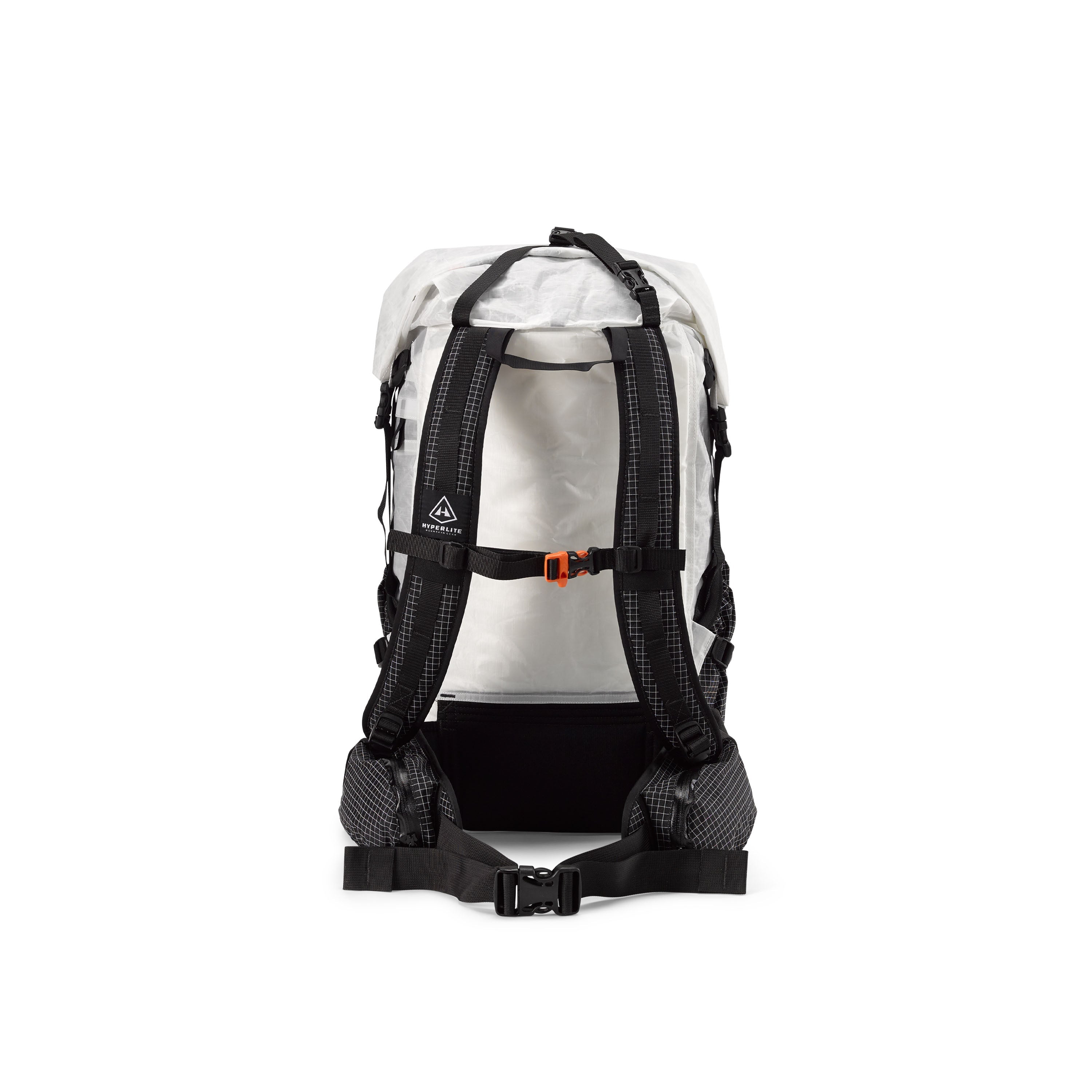 Back view of Hyperlite Mountain Gear's Southwest 40 Pack in Black showing hip belt and straps #Color_White