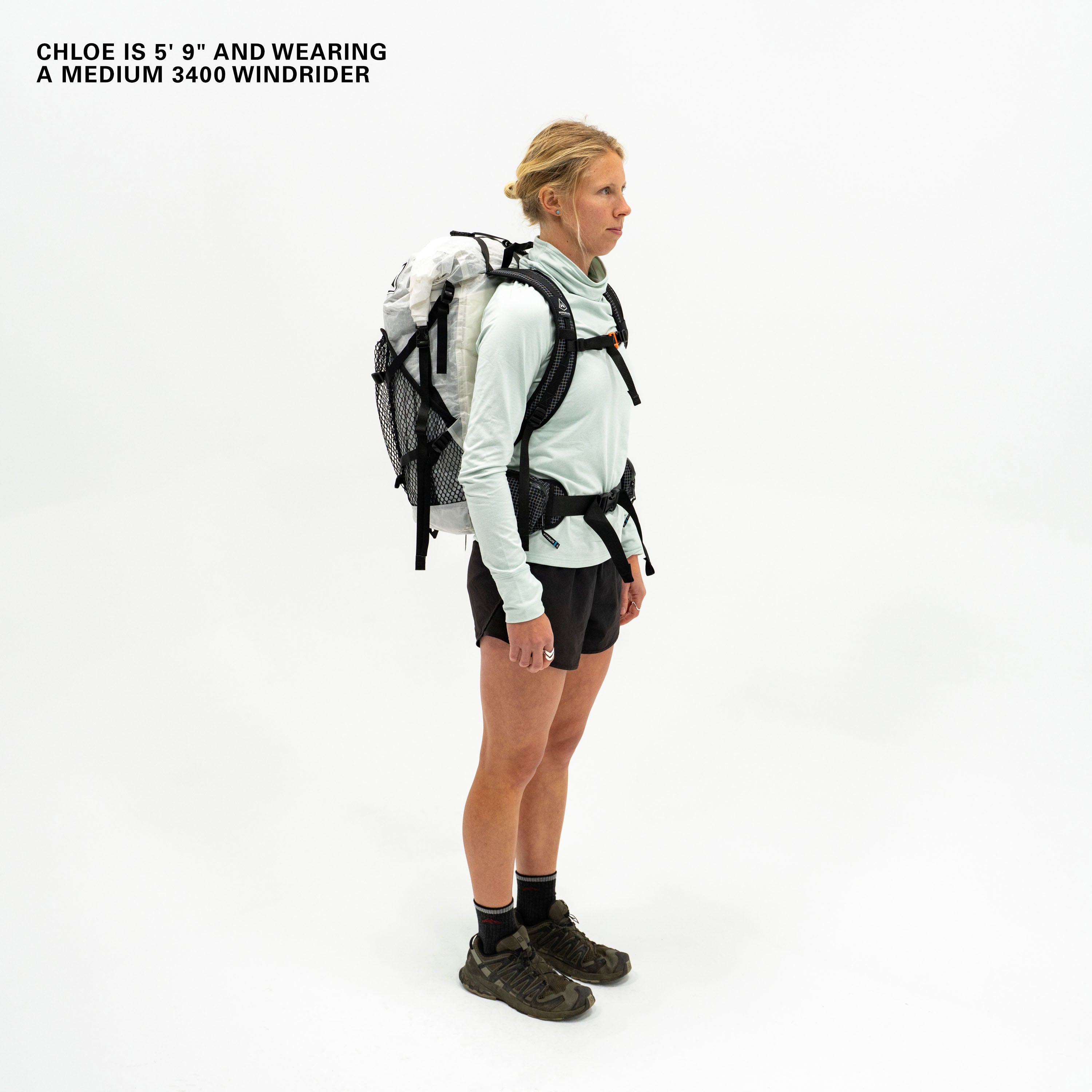 Front view of Hyperlite Mountain Gear's Windrider 40 Pack in White on model