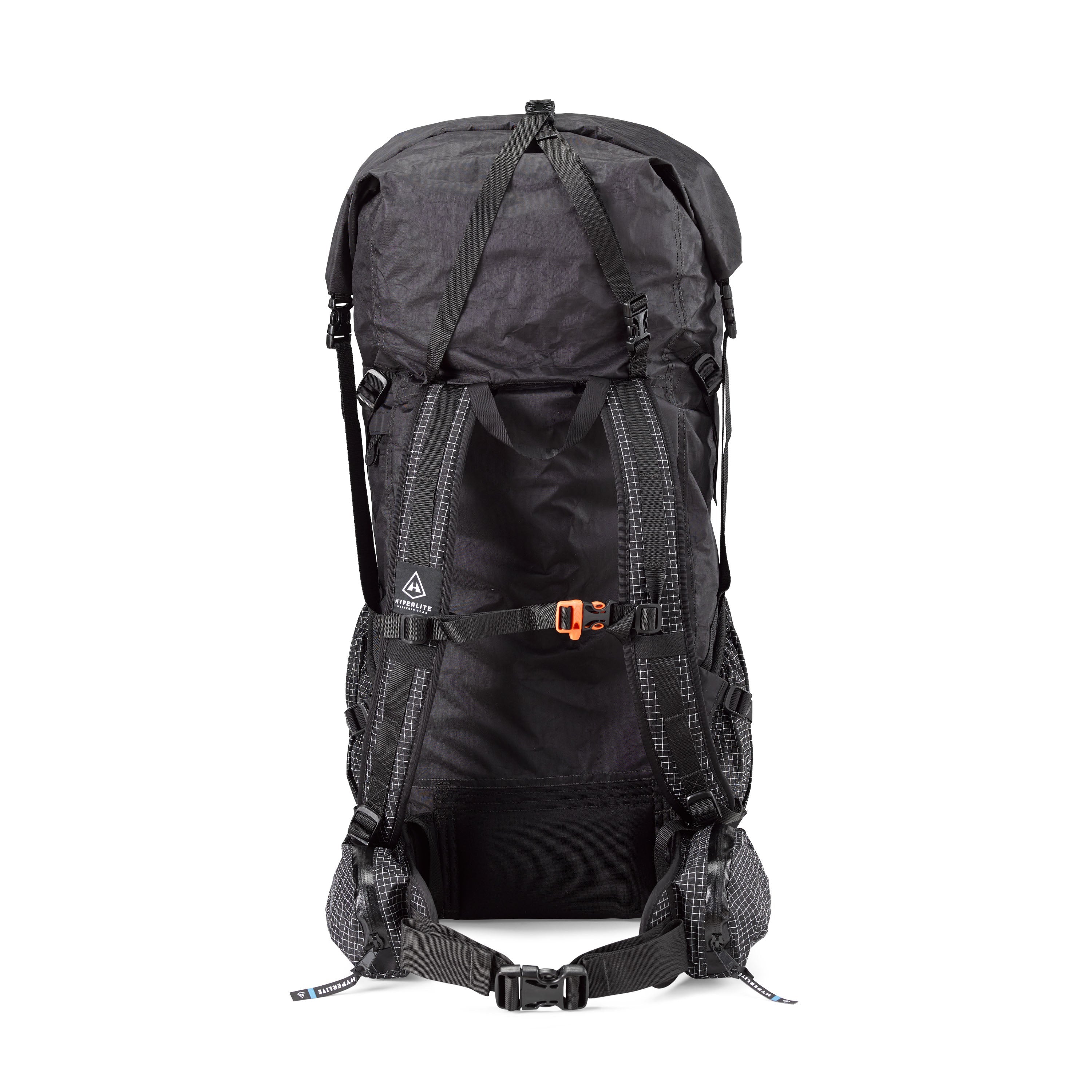 Back view of Hyperlite Mountain Gear's Junction 55 Pack  in Black showing buckles and hip belt