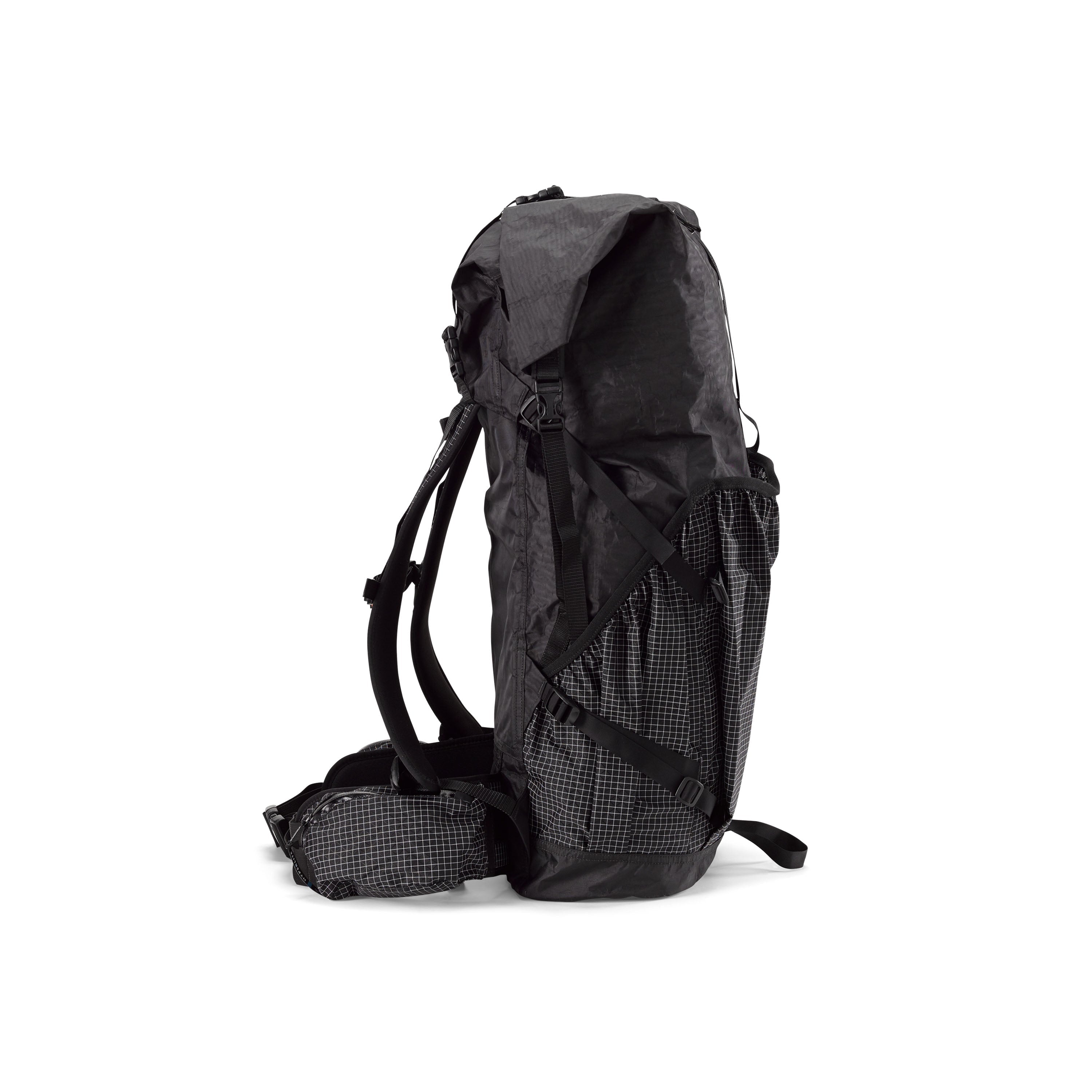 Side View of the Hyperlite Mountain Gear Southwest 55 Liter backpack in Black on a white background #Color_Black