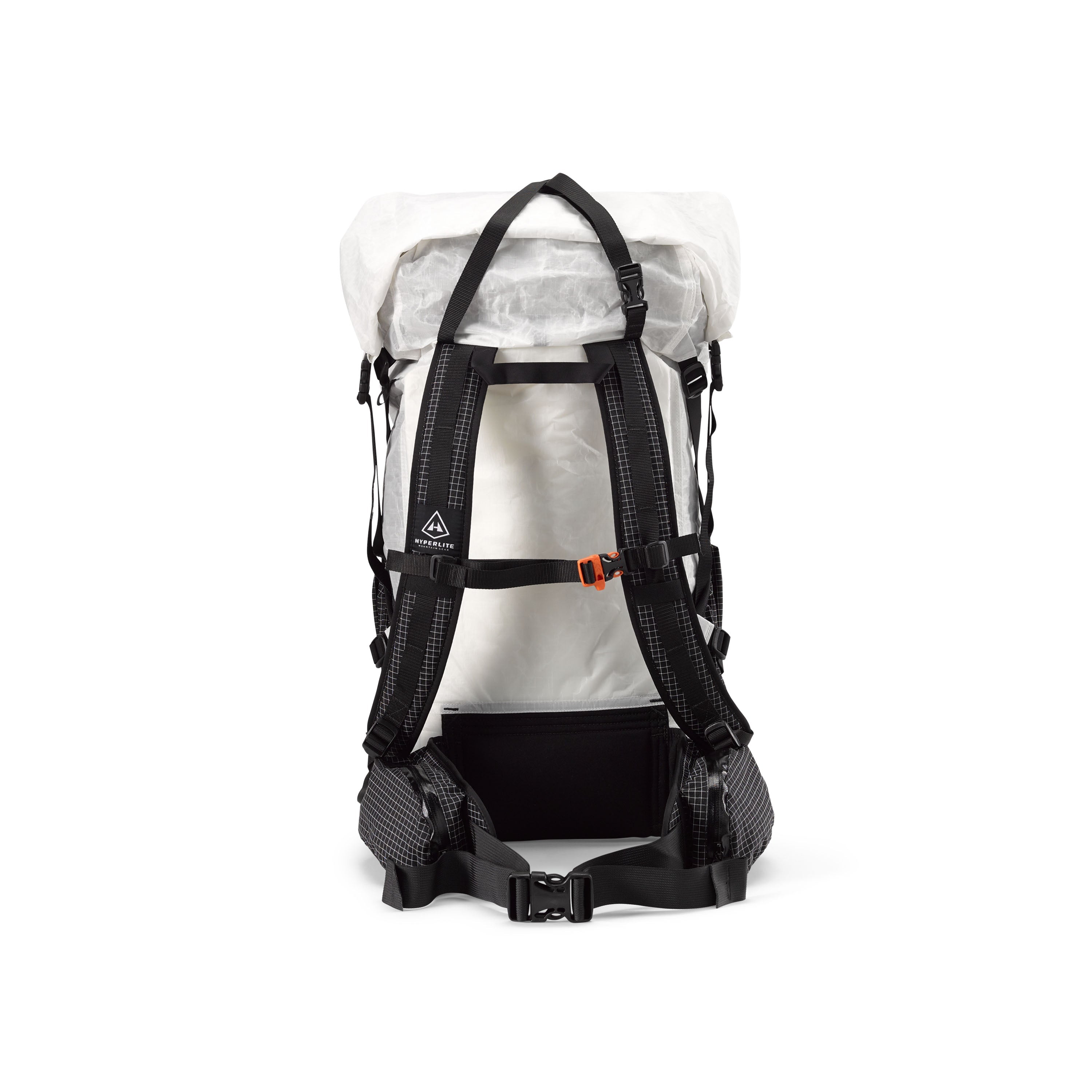 Detailed view of the Hyperlite Mountain Gear White Southwest 55 backpack's back panel with multiple strap adjustments #Color_White 