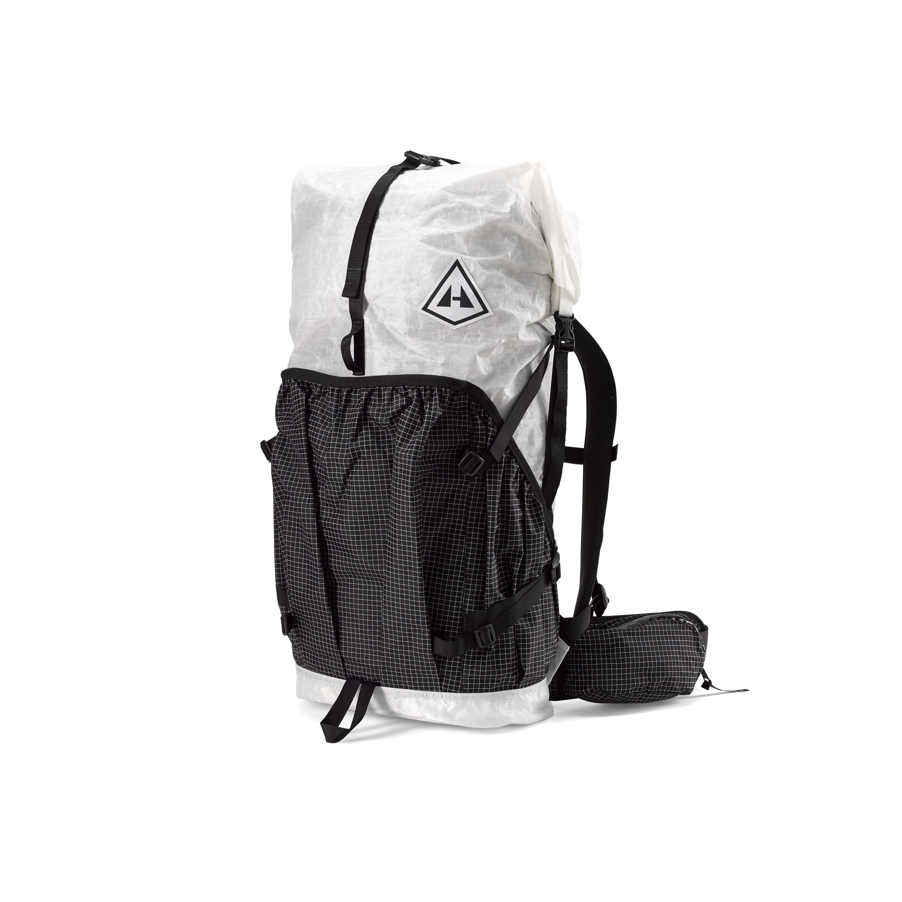 Hyperlite Mountain Gear Southwest 55 Liter backpack showcasing its unique black and white design with a logo #Color_White