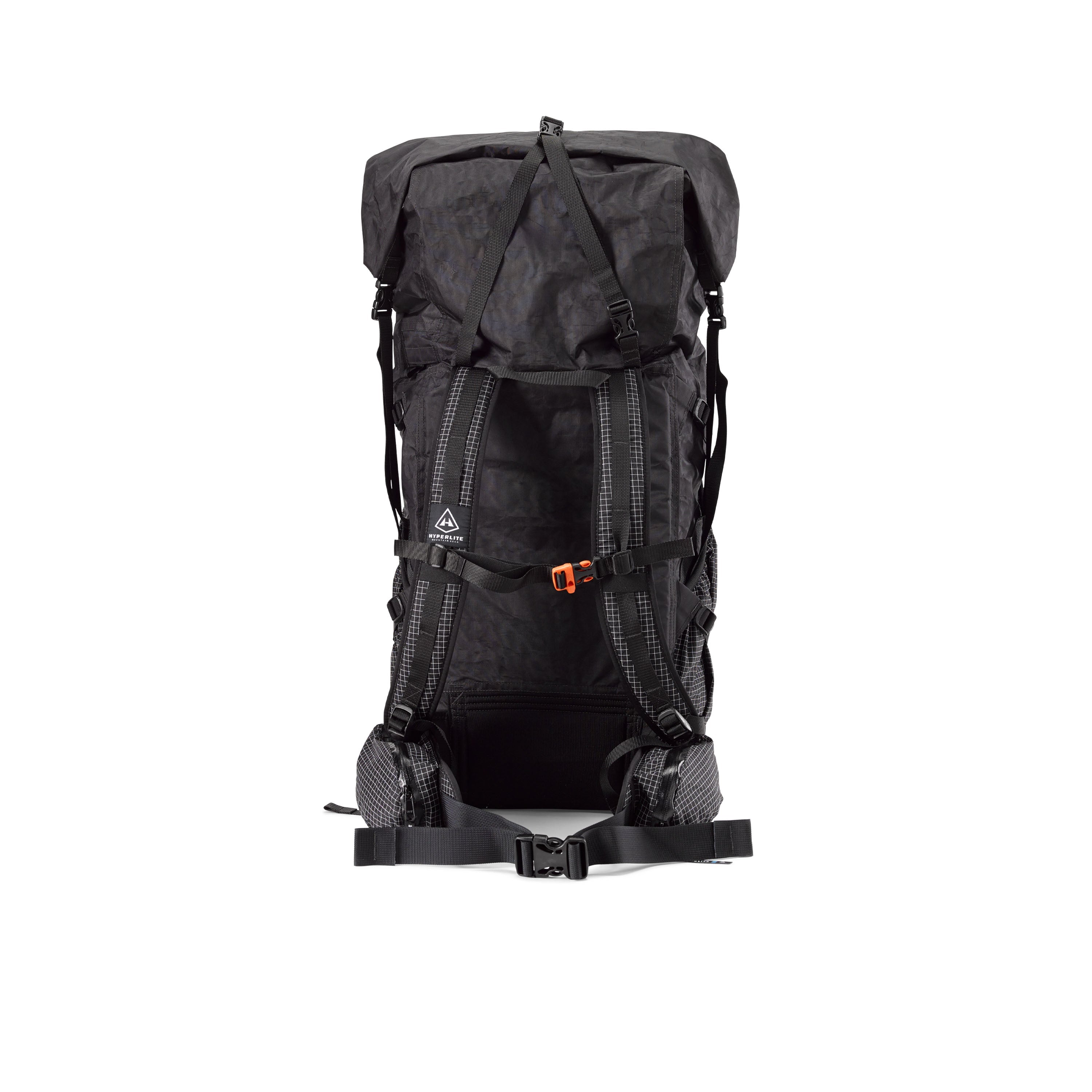 Back view of Hyperlite Mountain Gear's Southwest 70 Pack in Black showing hip belt and straps #Color_Black