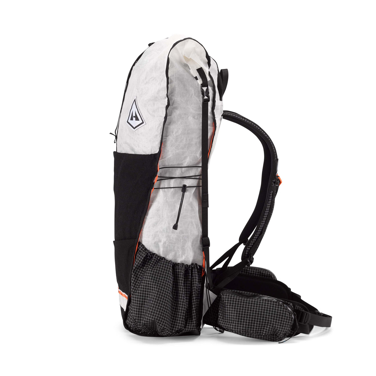 Side view of the Hyperlite Mountain Gear Unbound 55 in White showing the oversized side pockets made of hardline with Dyneema®